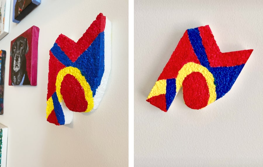My finished painting on styrofoam, hung on the wall at McKinney Arts.
