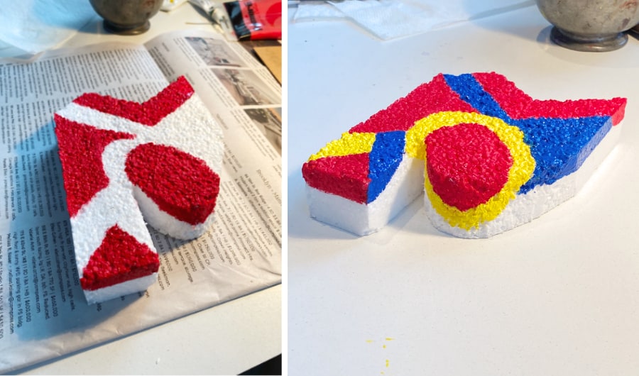 Two views of my painting on styrofoam art project inspired by Richard Tuttle.