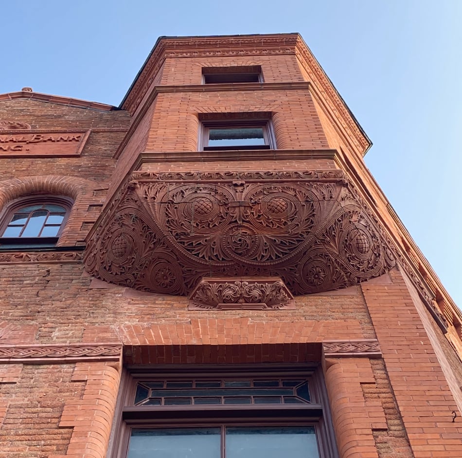 A look up at the First National Bank on Main Street in Cooperstown.
