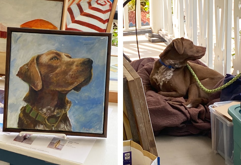 dog painting with dog subject seated nearby