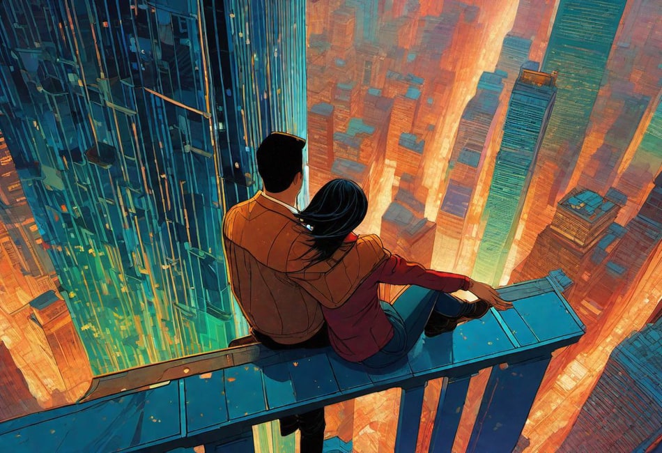 AI art showing a couple rooftopping, an improbable situation with a dramatic view.