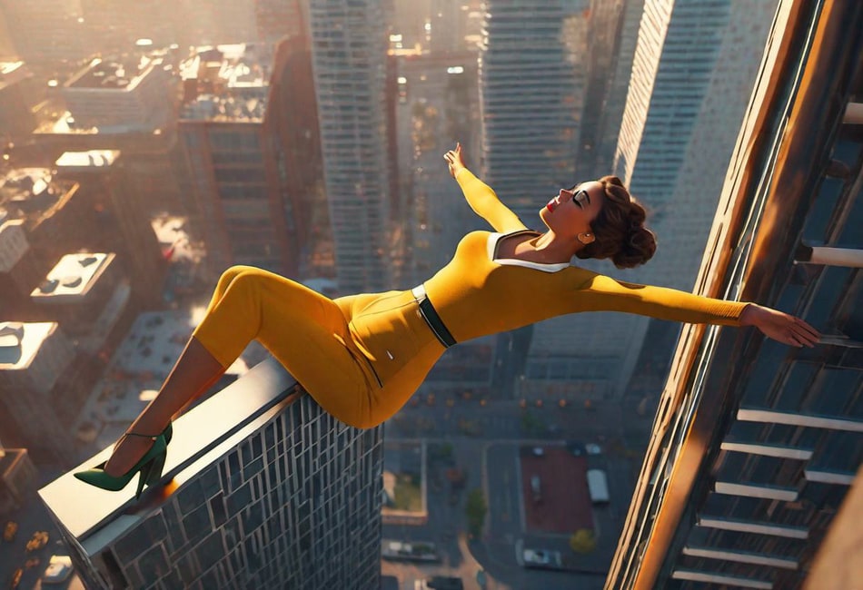AI art showing a woman falling from a skyscraper.