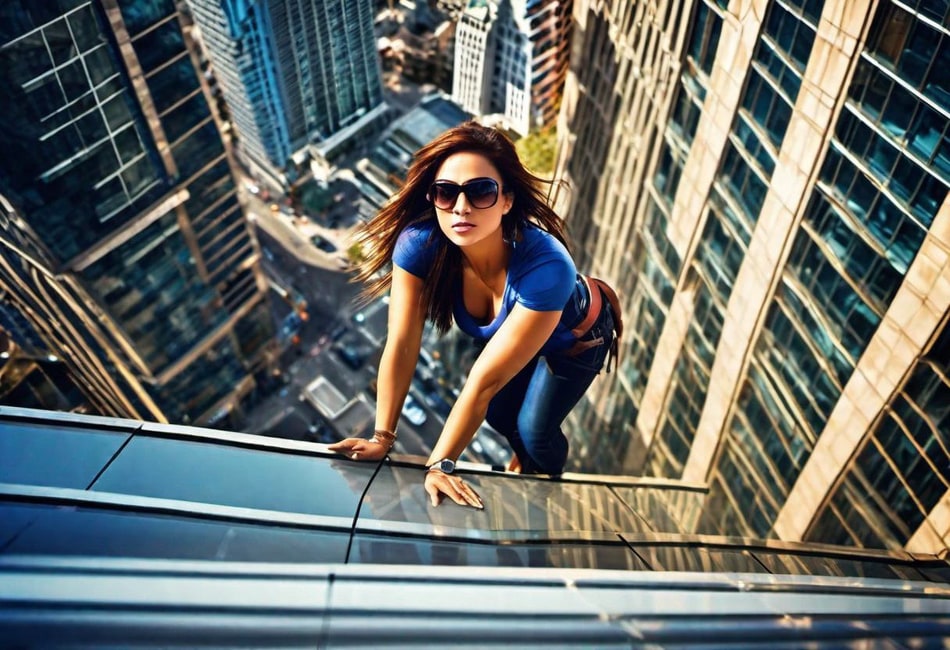AI art showing a woman on a rooftop surrounded by skyscrapers