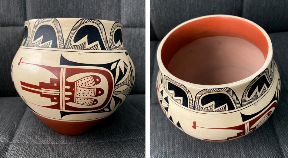 Two views of the Native American pottery piece by Mary T. Madalena of the Jemez Pueblo.