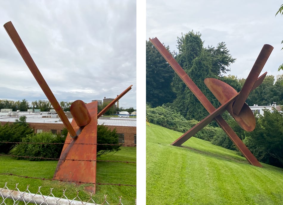 Two views of the currently-unidentified metal sculpture in Haverstraw, NY, seen on my road trip.