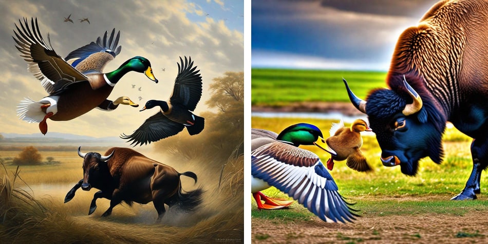 AI art depicting ducks fighting buffalos for today's Oregon vs Colorado football game.