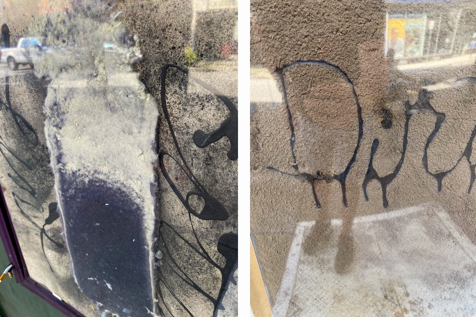 Detail views of the "Lint" and "Dirt" art in Peekskill, NY