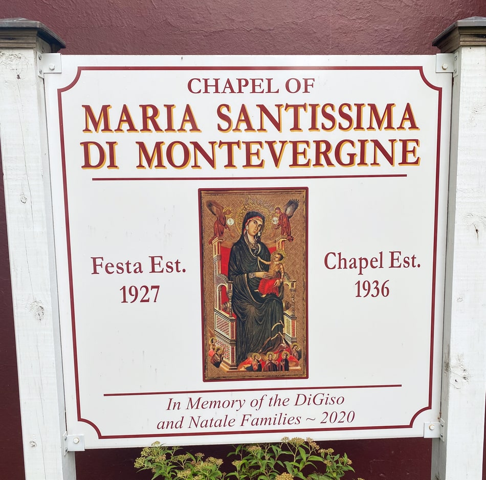 The sign outside of the Chapel of Maria Santissima Di Montevergine in Haverstraw, NY