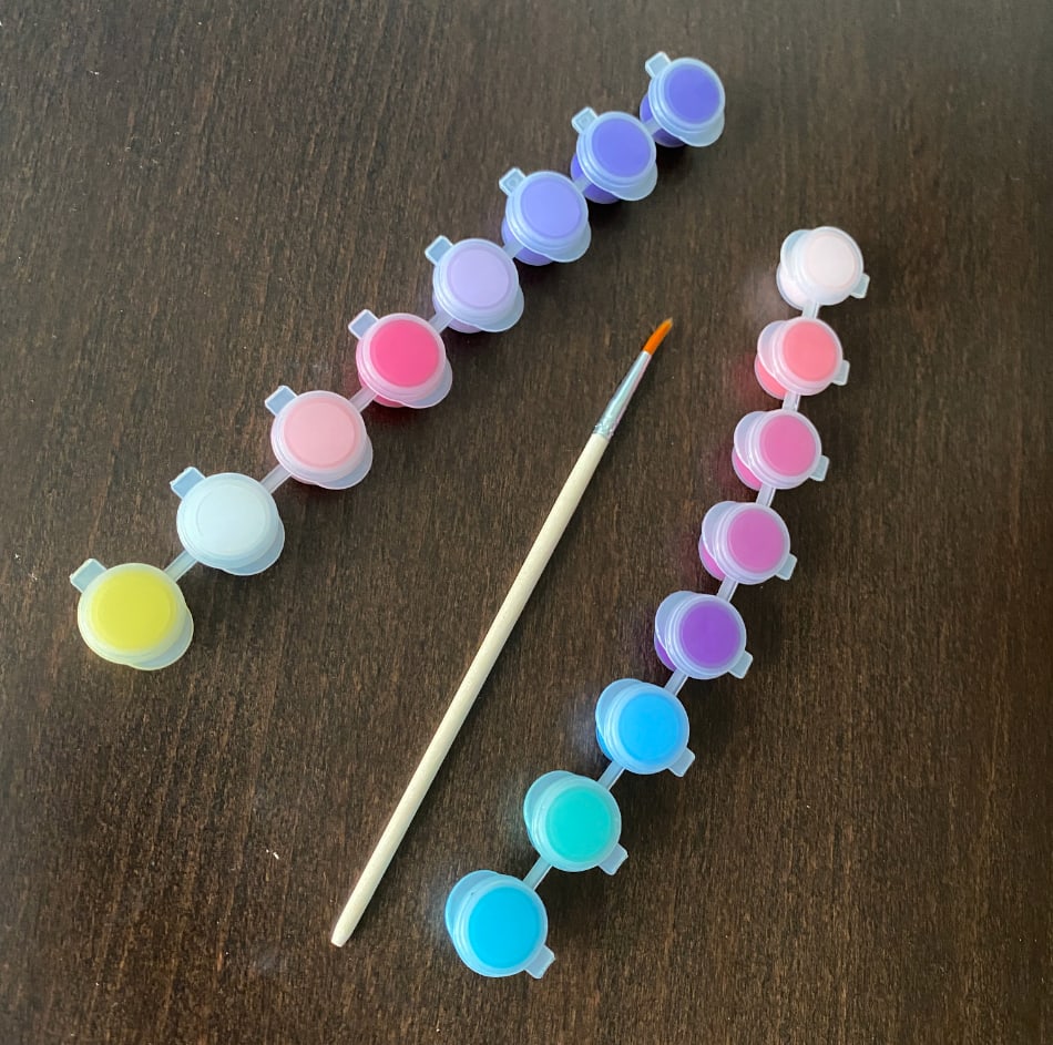 The paint pots and brush that came with my Paint Your Own Disco Canvas from Five Below.