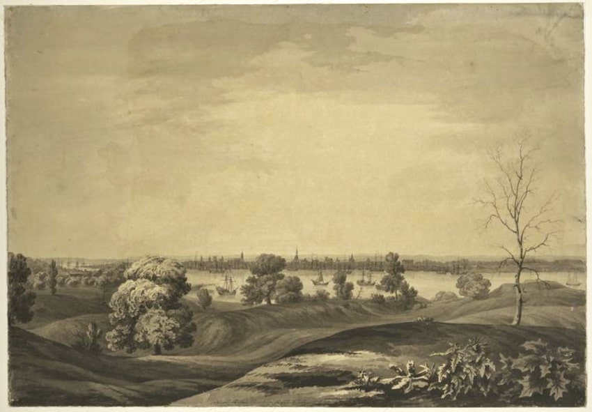 1778 drawing of Brooklyn Heights with a view of Manhattan in the background