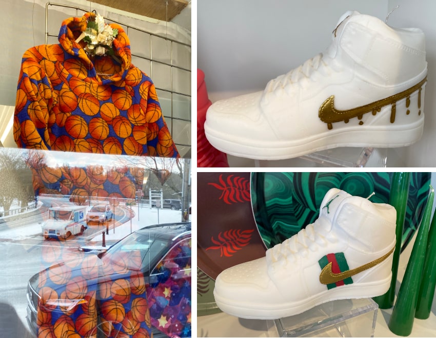 basketball sweatsuit and Nike sneaker candles as seen in various shops in  Chappaqua, NY