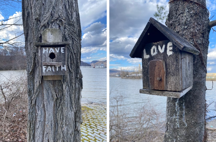 Bird houses with messages at Charles Point Park in Peekskill, NY