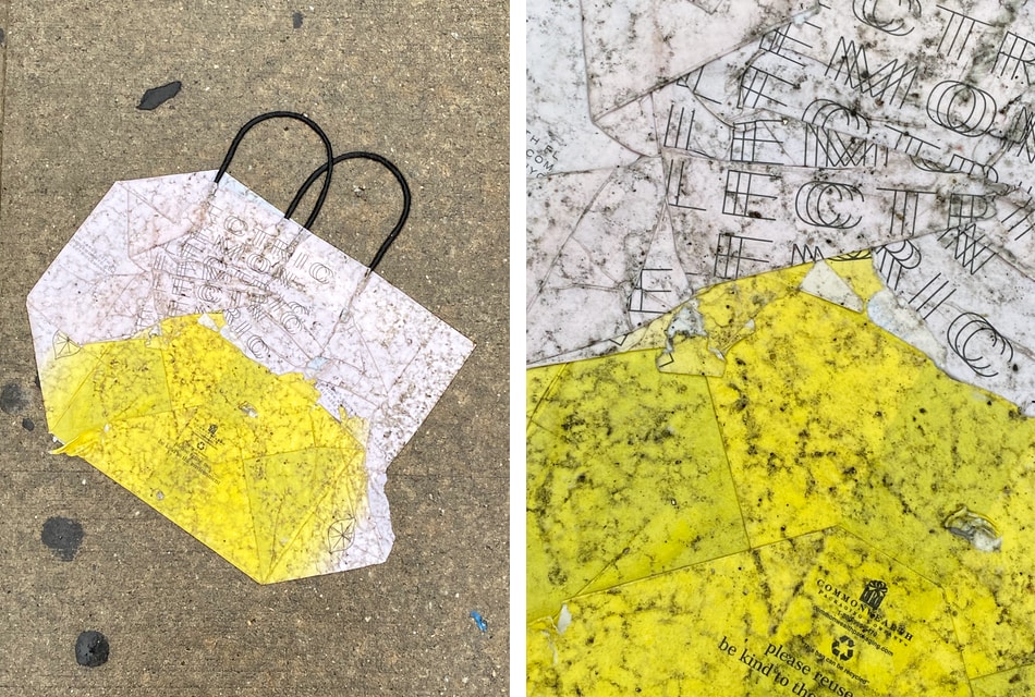 Two views of a flattened Electric Lemon bag found on the sidewalk in NYC.