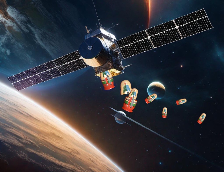 Illustrating the idea of nesting satellites in space, using A.I. art and my own Photoshop work with a Malevich-inspired nesting doll.