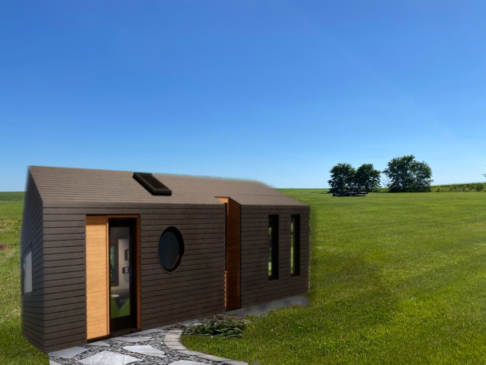 Pre-fab house in a field