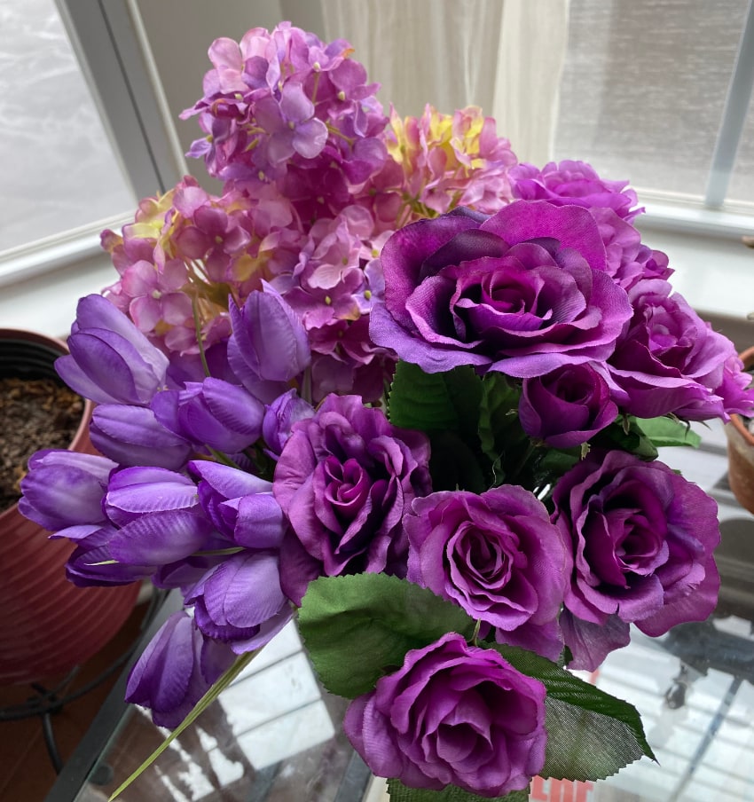 fake flowers purchased from Michael's Arts and Crafts store.