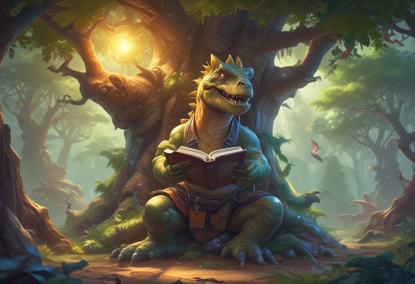 dinosaur reading a book under a tree
