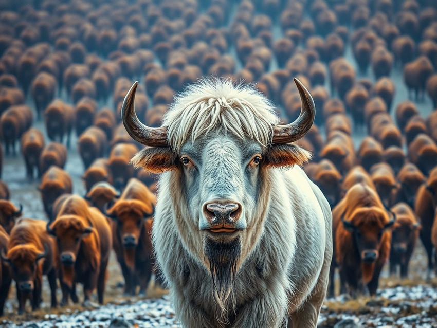 white buffalo in front of a herd of brown buffalo
