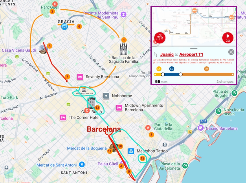 My marked-up map of Barcelona and metro trip planning