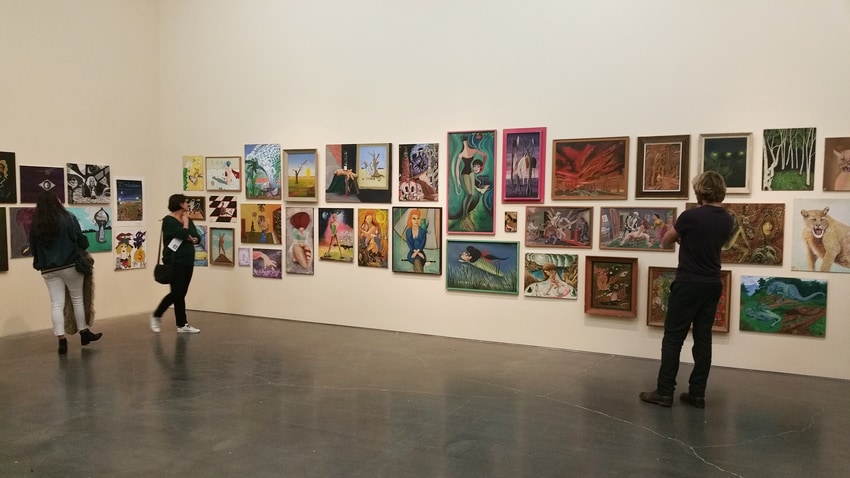 installation view of Jim Shaw Thrift Store Paintings at the New Museum