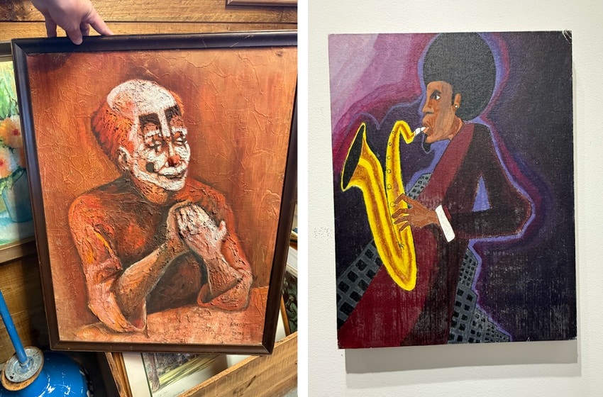 clown art painting and a saxophone painting in the McKinney Arts collection