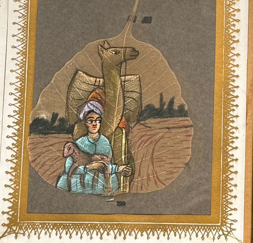 detail of an Indian Peepal leaf painting seen in Kingston, NY