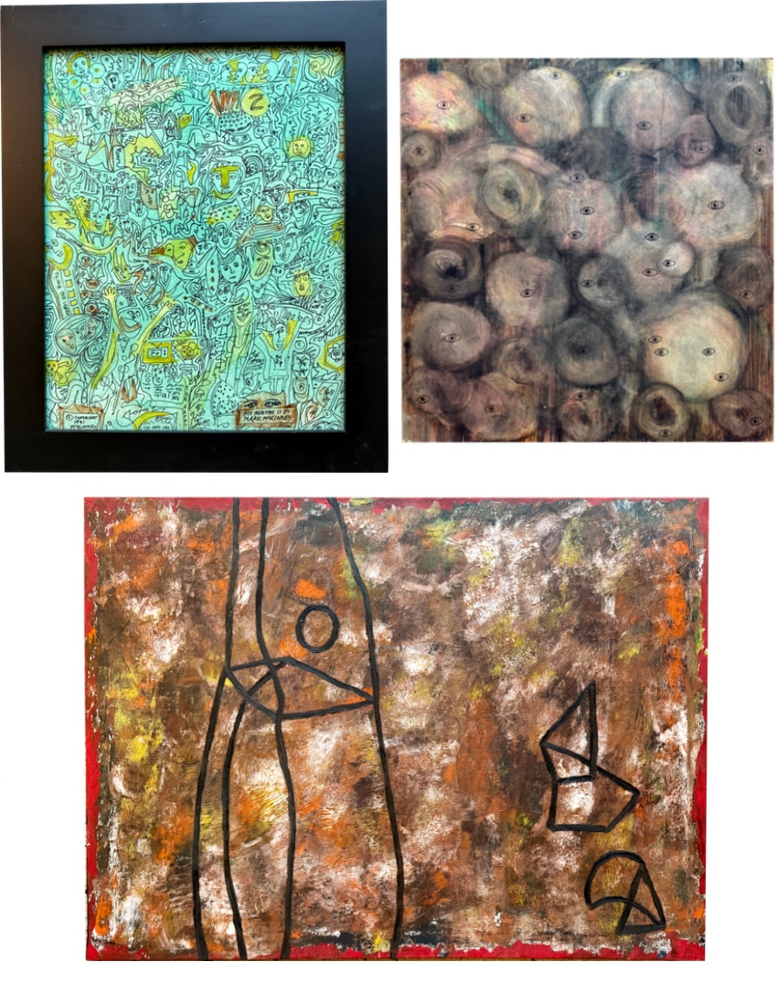 Clockwise from top left: The Happy Tree, Eye Don't Know, and Structured Ambivalence, art by Mark McKinney in a private collection in Minnesota.