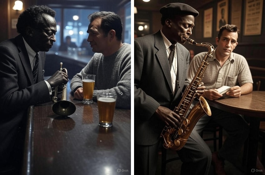 Grok A.I. images of Miles Davis and Jack Kerouac.