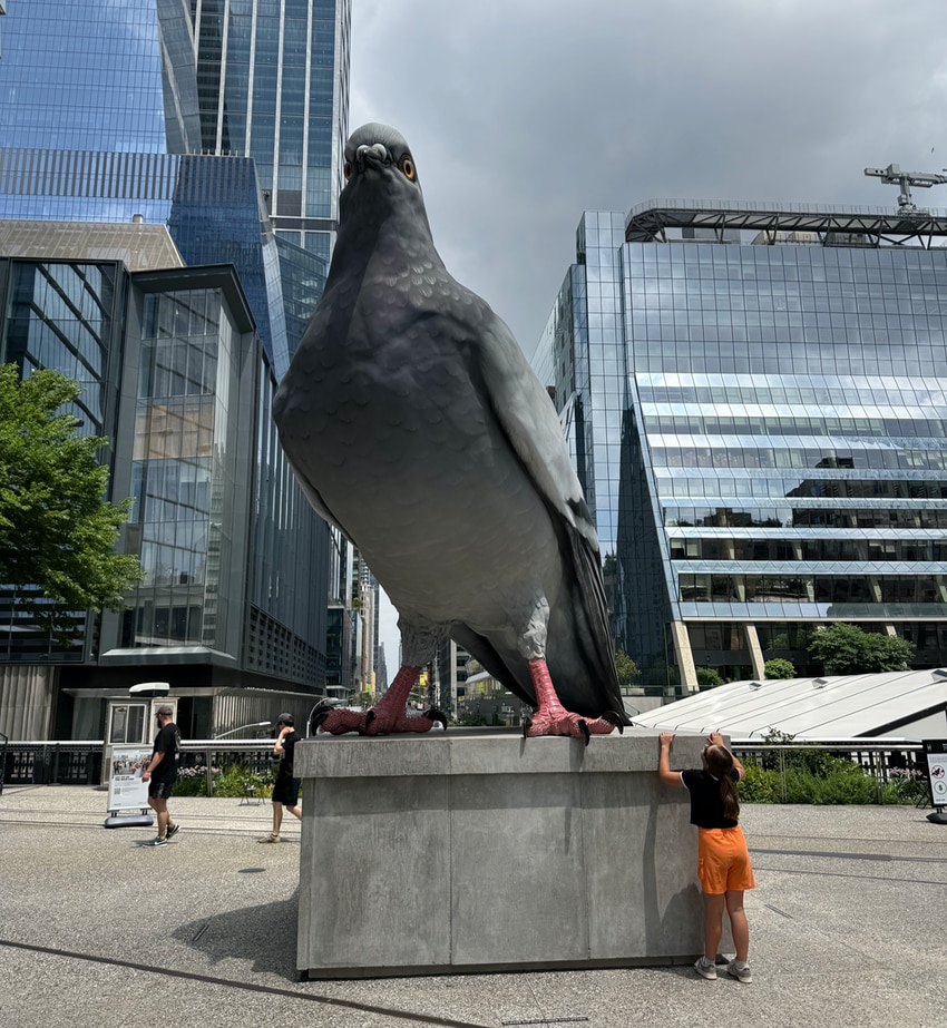 Ivan Argote Dinosaur pigeon sculpture on the High Line