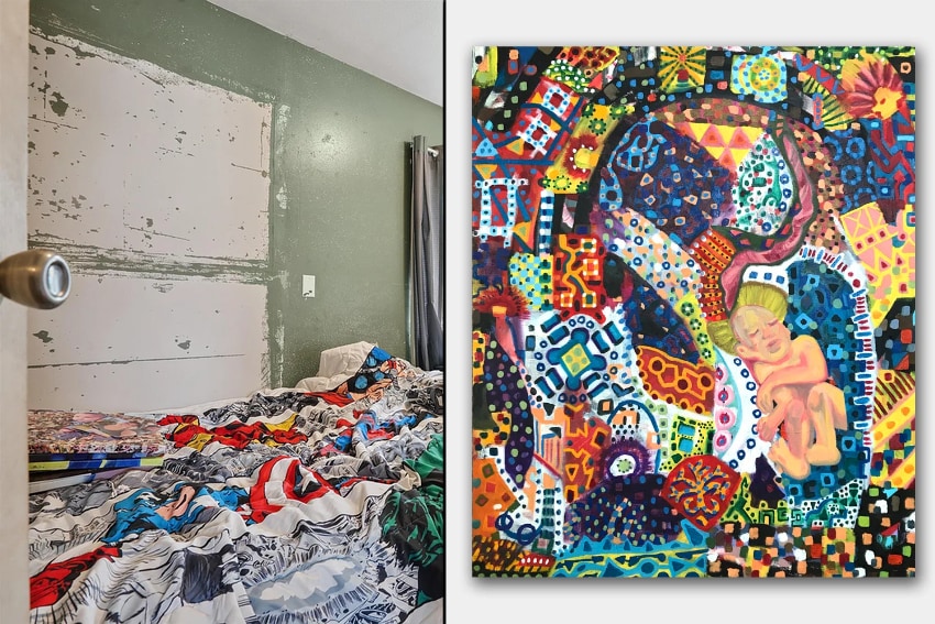 Original real estate photo of a messy room and a view of "Emerging Into Chaos" by Mark McKinney.