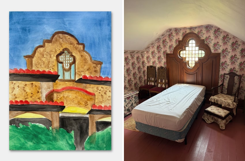Painting of a Mission Revival house and a photo of the details