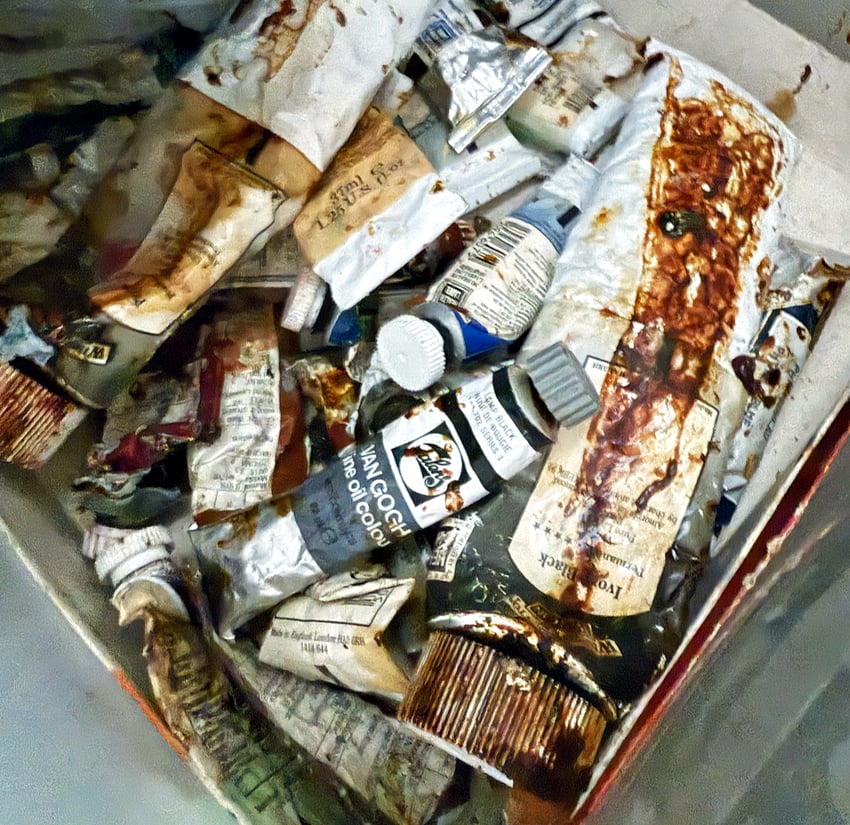 A box of old oil paint tubes - maybe 20 years old - sitting in my garage.