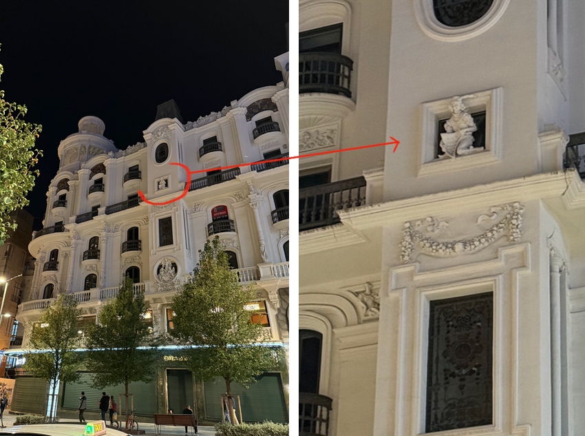 architecture in Madrid with figure coming out of the frame.