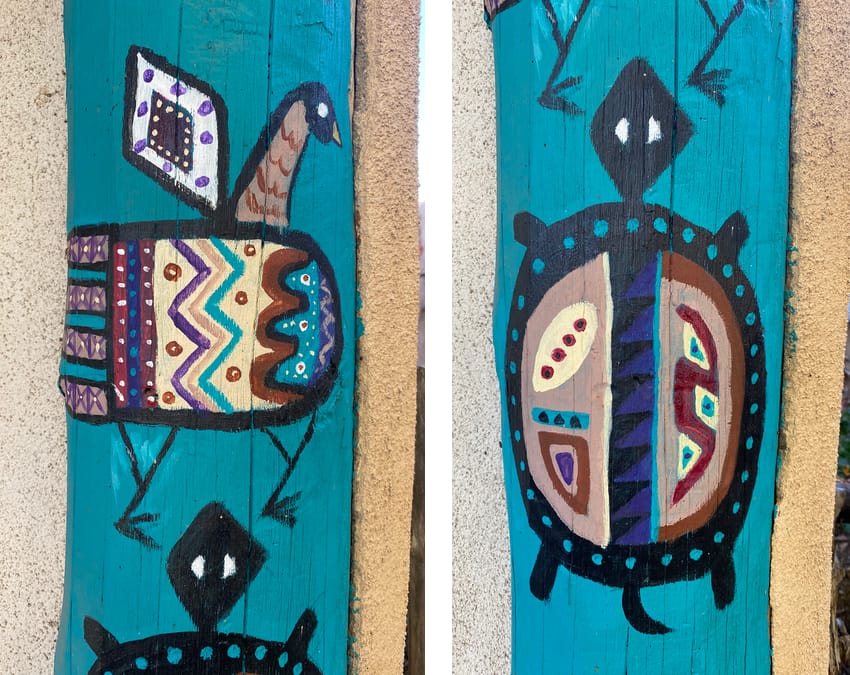 hand painted bird and turtle, as seen at Moxie in Taos