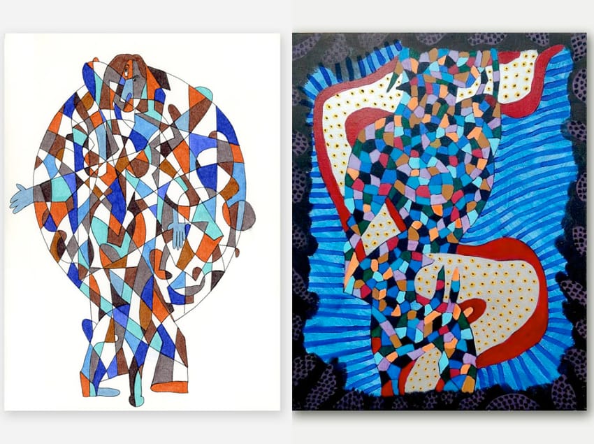 Mosaic-like art by artist Mark McKinney, a drawing from 1987 and a painting from 2009.