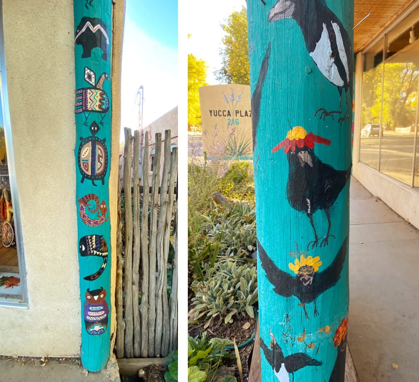 painted posts at Moxie in Taos, New Mexico