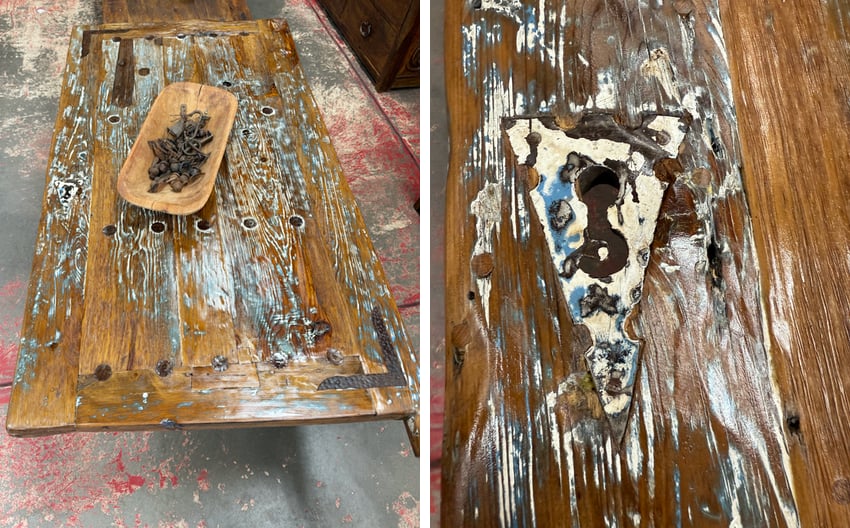 rustic wood door repurposed as a table