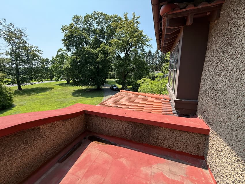 view from 2nd floor balcony at the Mission Revival home.