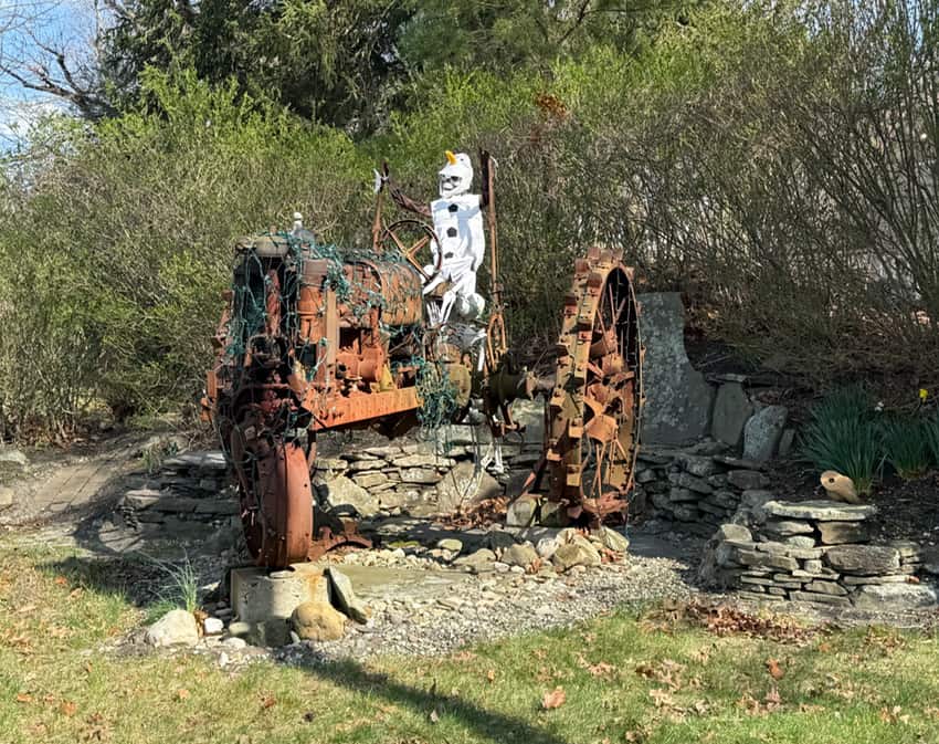 A skeleton wearing an Olaf Frozen costume seated on a tractor