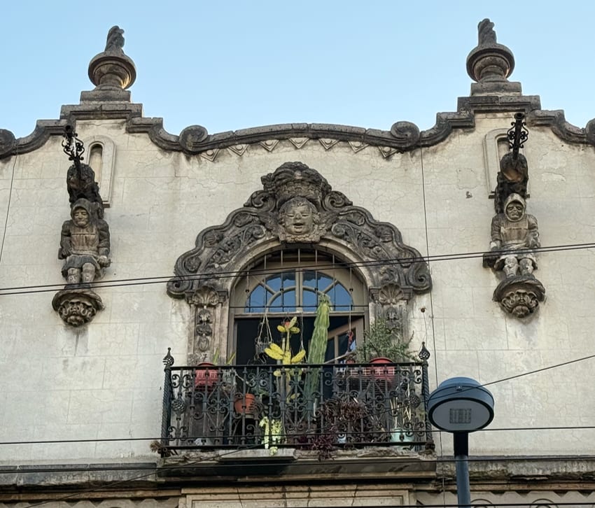 Architectural details on the top level of a building in Cuauhtemoc, Mexico City.