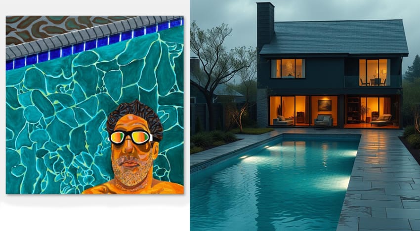 McKinney Arts painting and a conceptual sketch of a lap pool at a private home.