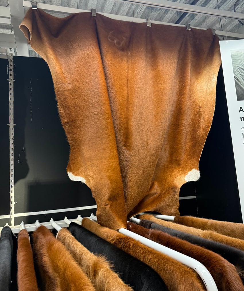 Cowhides at IKEA, sourced from the food industry where they are by-products.