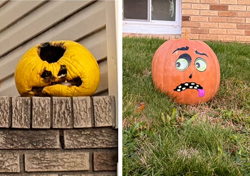 Halloween pumpkins, one old, one worried.