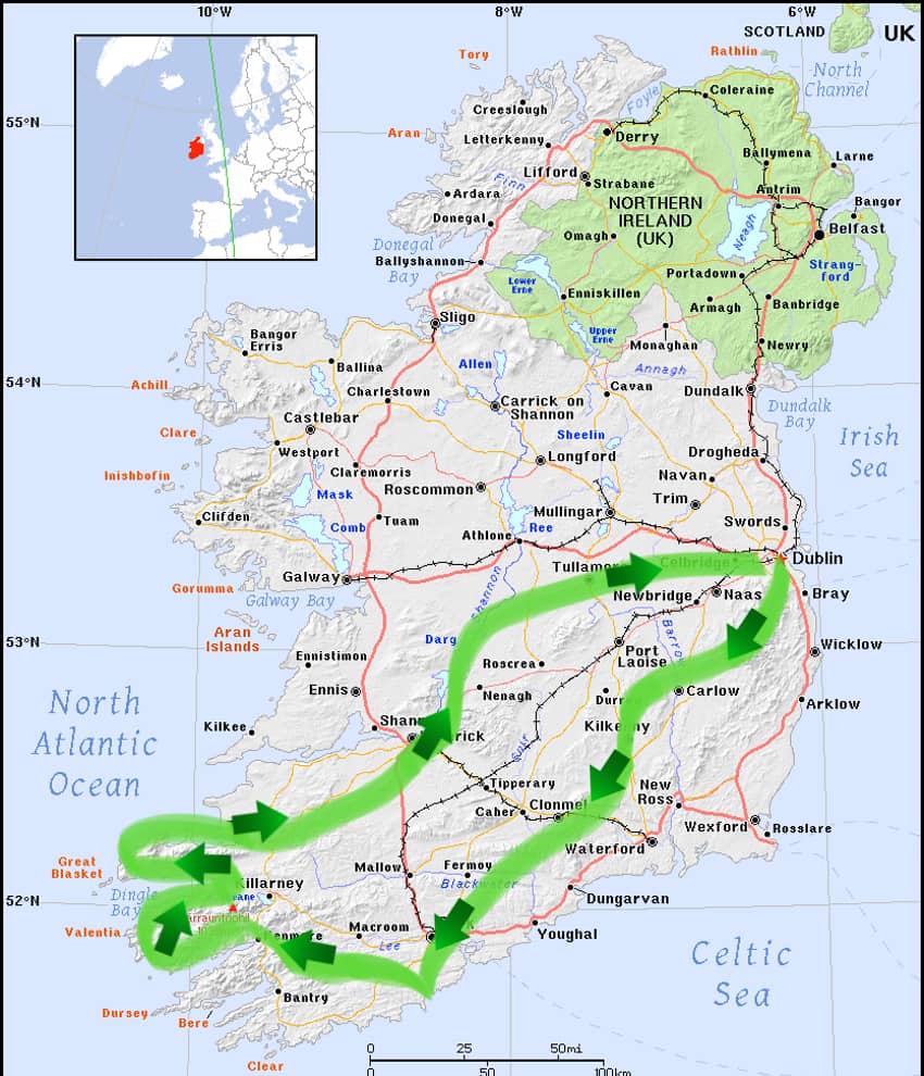My travel route through the Republic of Ireland