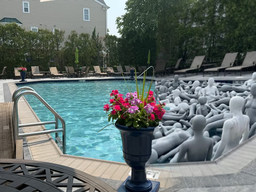 Swimming pool, both empty and crowded