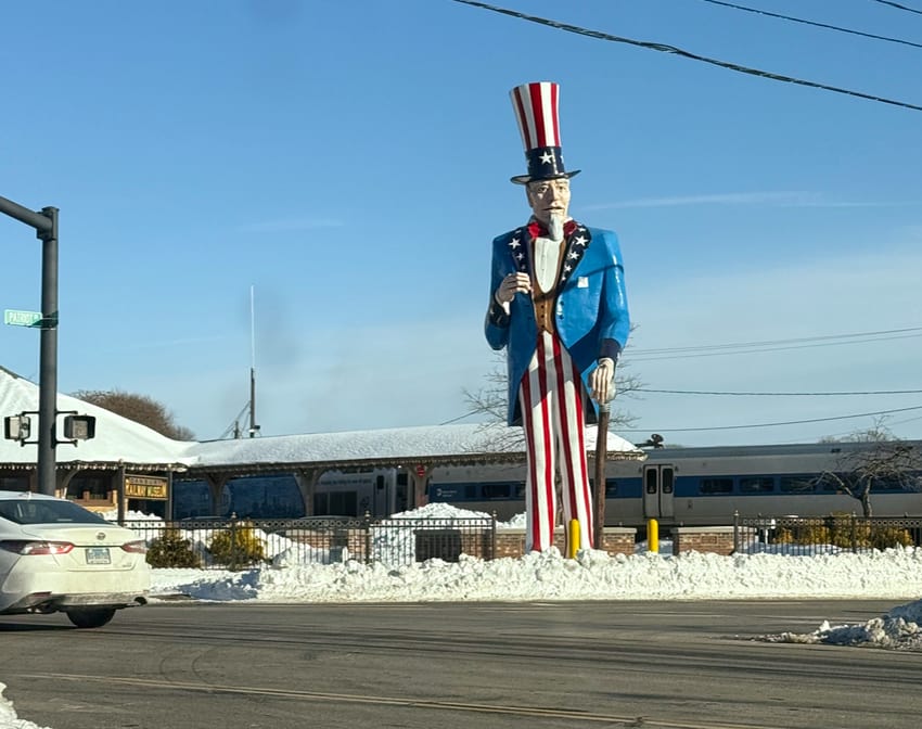 Uncle Sam sculpture as seen from the road in Danbury, CT