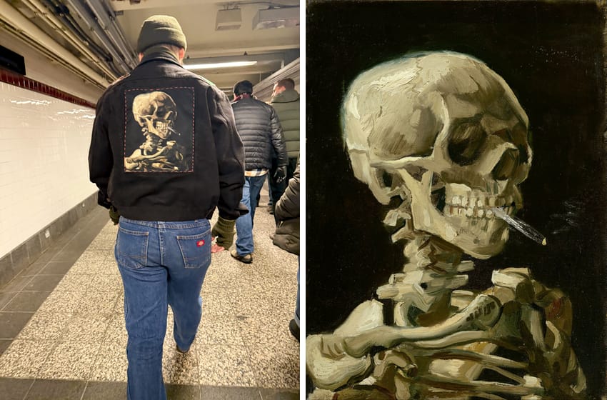 Van Gogh's Smoking Skull as seen on a jacket in NYC, and the real painting (credit: Van Gogh Museum, Amsterdam, Vincent van Gogh Foundation).