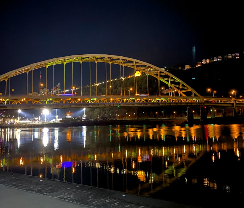 View of a bridge over the Monongahela River at Point State Park in Pittsburgh.