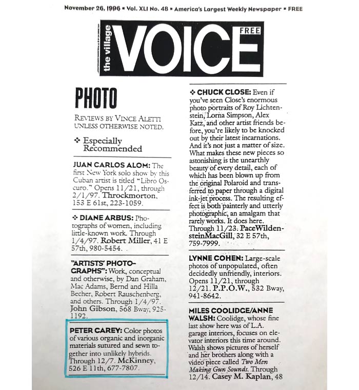 Peter Carey exhibition listed in the Village Voice